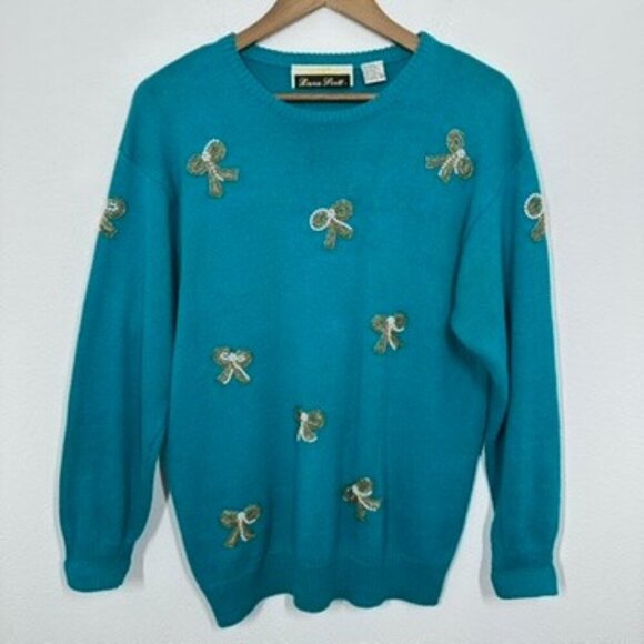 Vintage Dana Scott Teal Gold Beaded Bow Eclectic Grannycore Knit Sweater Med - Picture 1 of 5